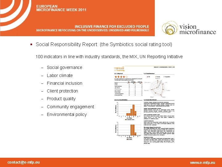 § Social Responsibility Report (the Symbiotics social rating tool) 100 indicators in line with