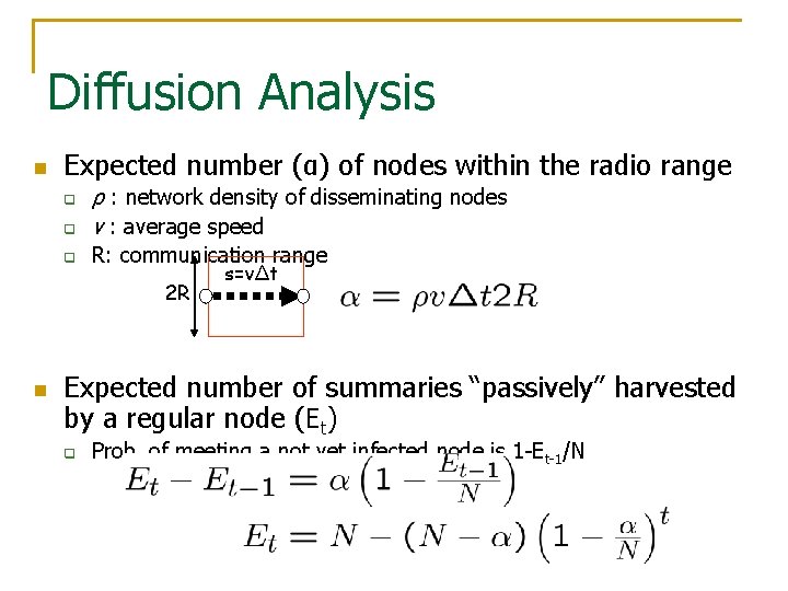 Diffusion Analysis n Expected number (α) of nodes within the radio range q ρ