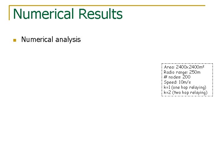 Numerical Results n Numerical analysis Area: 2400 x 2400 m 2 Radio range: 250