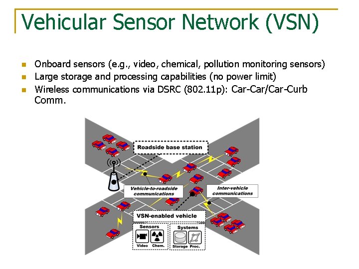 Vehicular Sensor Network (VSN) n n n Onboard sensors (e. g. , video, chemical,