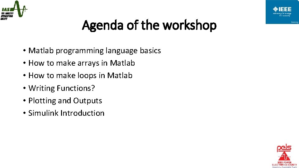 Agenda of the workshop • Matlab programming language basics • How to make arrays