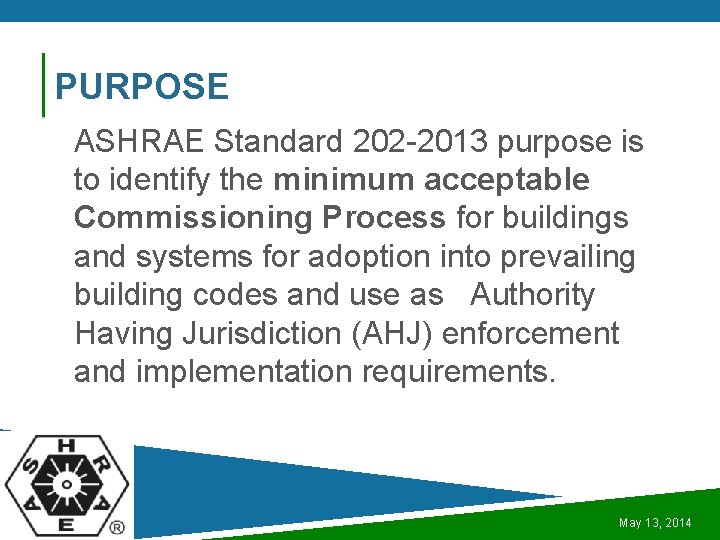 PURPOSE ASHRAE Standard 202 -2013 purpose is to identify the minimum acceptable Commissioning Process
