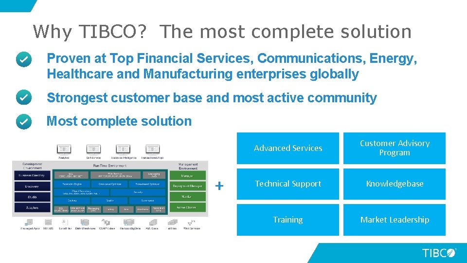 Why TIBCO? The most complete solution Proven at Top Financial Services, Communications, Energy, Healthcare