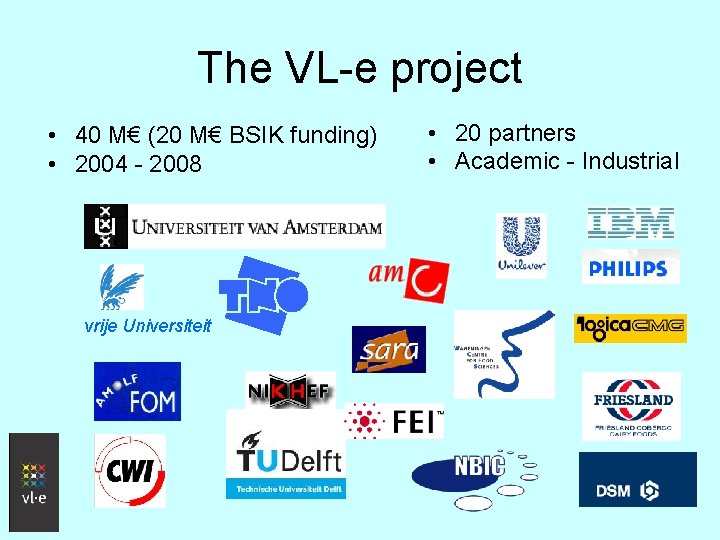 The VL-e project • 40 M€ (20 M€ BSIK funding) • 2004 - 2008