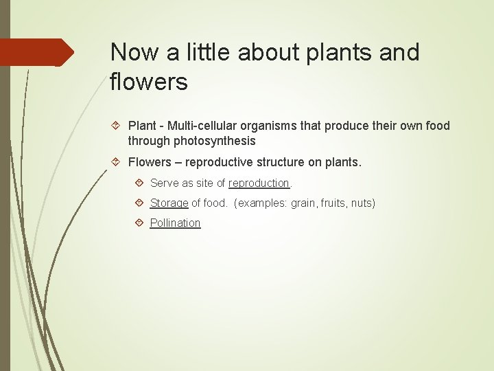 Now a little about plants and flowers Plant - Multi-cellular organisms that produce their