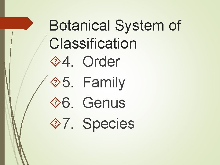 Botanical System of Classification 4. Order 5. Family 6. Genus 7. Species 