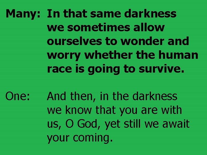 Many: In that same darkness we sometimes allow ourselves to wonder and worry whether