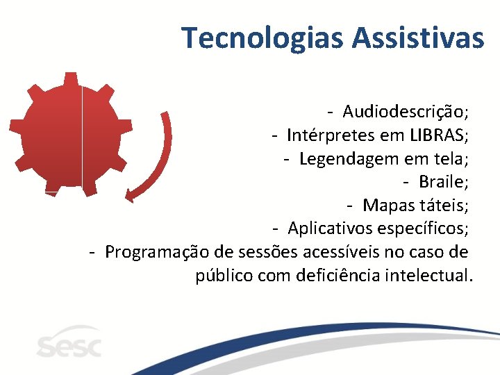 Tecnologias Assistivas - Audiodescrição; - Intérpretes em LIBRAS; - Legendagem em tela; - Braile;