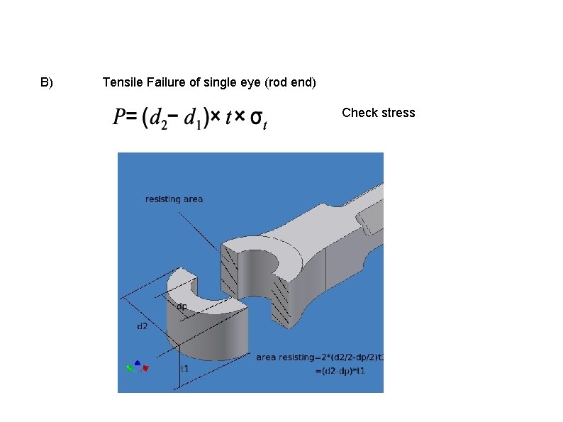 B) Tensile Failure of single eye (rod end) Check stress 