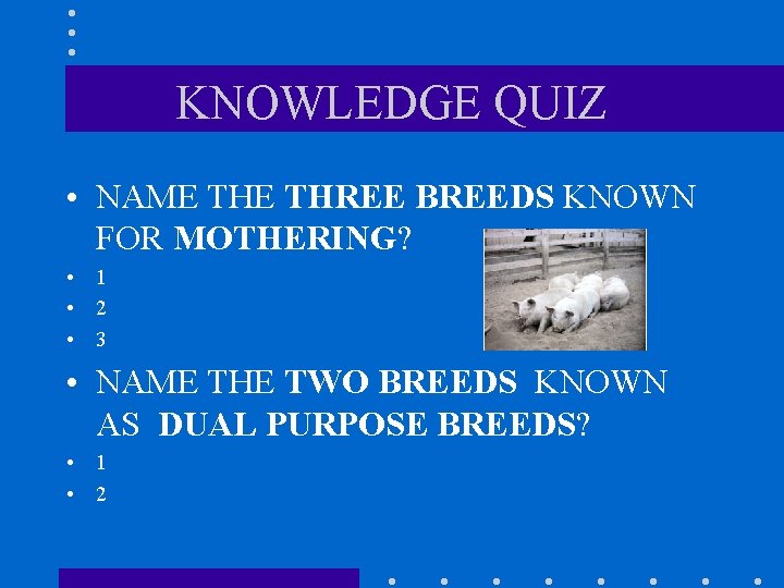 KNOWLEDGE QUIZ • NAME THREE BREEDS KNOWN FOR MOTHERING? • 1 • 2 •