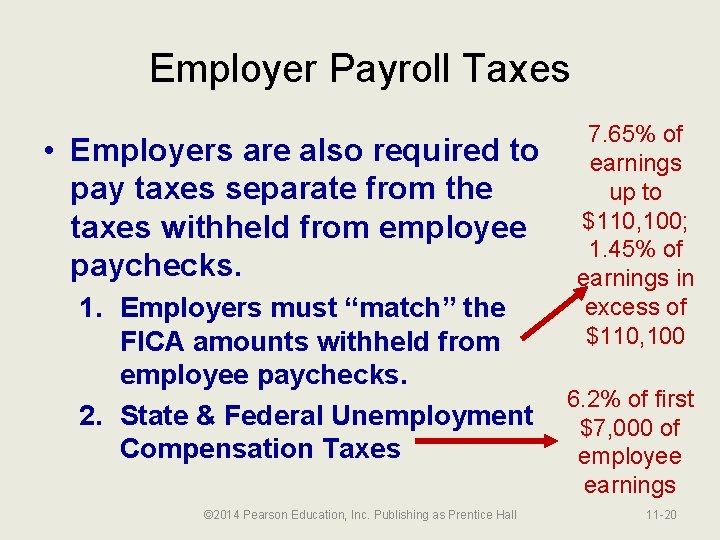 Employer Payroll Taxes • Employers are also required to pay taxes separate from the