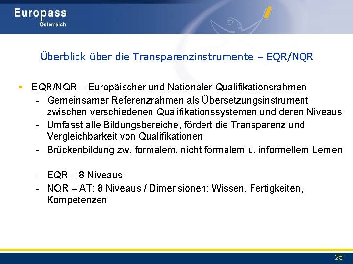 Überblick über die Transparenzinstrumente – EQR/NQR § EQR/NQR – Europäischer und Nationaler Qualifikationsrahmen -
