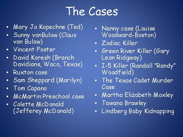 The Cases • Mary Jo Kopechne (Ted) • Sunny von. Bulow (Claus von Bulow)