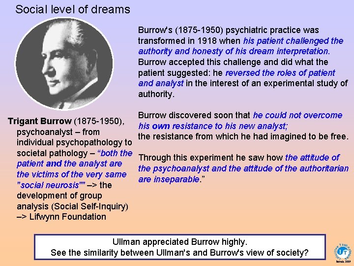 Social level of dreams Burrow's (1875 -1950) psychiatric practice was transformed in 1918 when