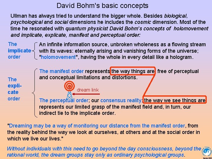 David Bohm's basic concepts Ullman has always tried to understand the bigger whole. Besides