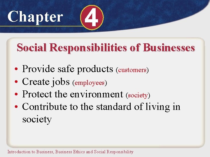 Chapter 4 Social Responsibilities of Businesses • • Provide safe products (customers) Create jobs
