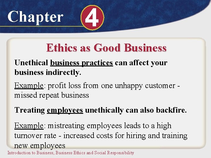 Chapter 4 Ethics as Good Business Unethical business practices can affect your business indirectly.