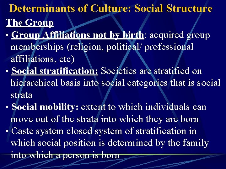 Determinants of Culture: Social Structure The Group • Group Affiliations not by birth: acquired