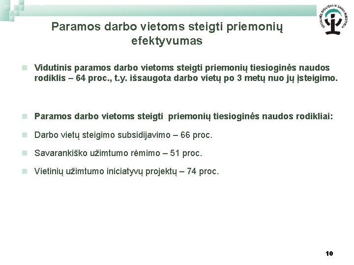 Paramos darbo vietoms steigti priemonių efektyvumas n Vidutinis paramos darbo vietoms steigti priemonių tiesioginės