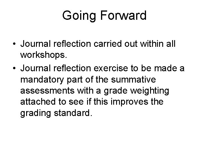 Going Forward • Journal reflection carried out within all workshops. • Journal reflection exercise