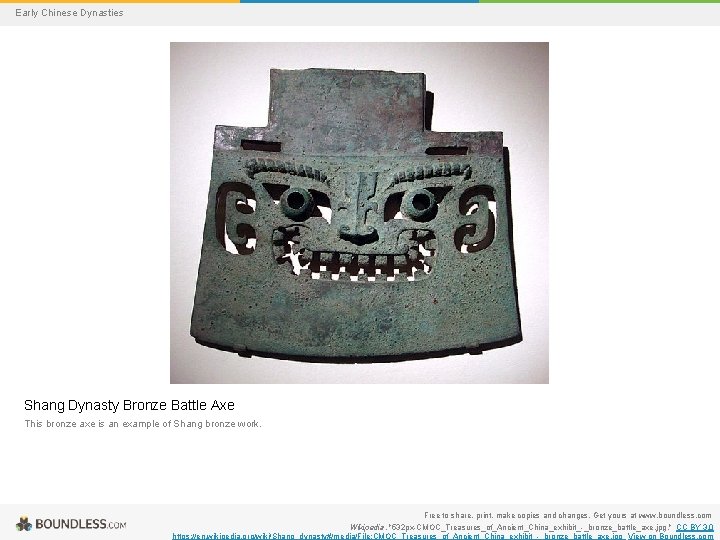 Early Chinese Dynasties Shang Dynasty Bronze Battle Axe This bronze axe is an example