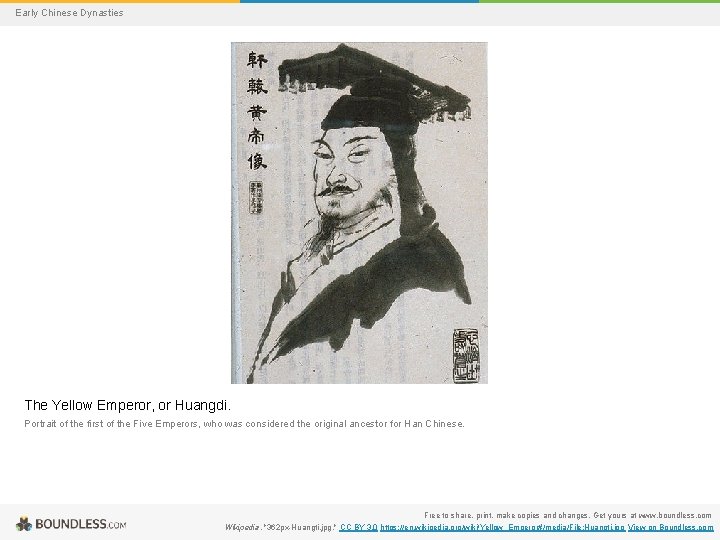Early Chinese Dynasties The Yellow Emperor, or Huangdi. Portrait of the first of the