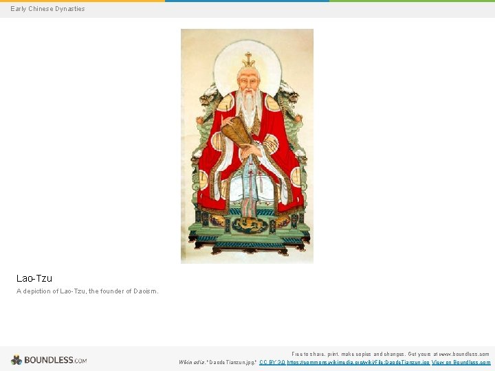 Early Chinese Dynasties Lao-Tzu A depiction of Lao-Tzu, the founder of Daoism. Free to