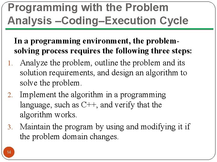 Programming with the Problem Analysis –Coding–Execution Cycle In a programming environment, the problemsolving process