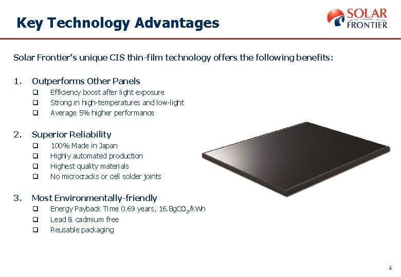 Key Technology Advantages Solar Frontier’s unique CIS thin-film technology offers the following benefits: 1.