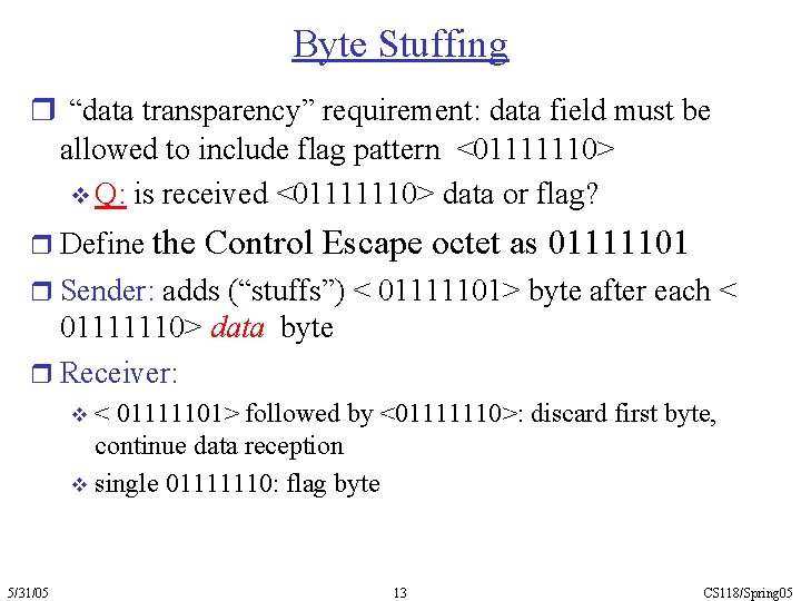 Byte Stuffing r “data transparency” requirement: data field must be allowed to include flag