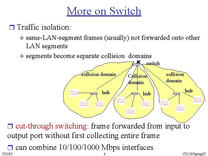 More on Switch r Traffic isolation: v same-LAN-segment frames (usually) not forwarded onto other