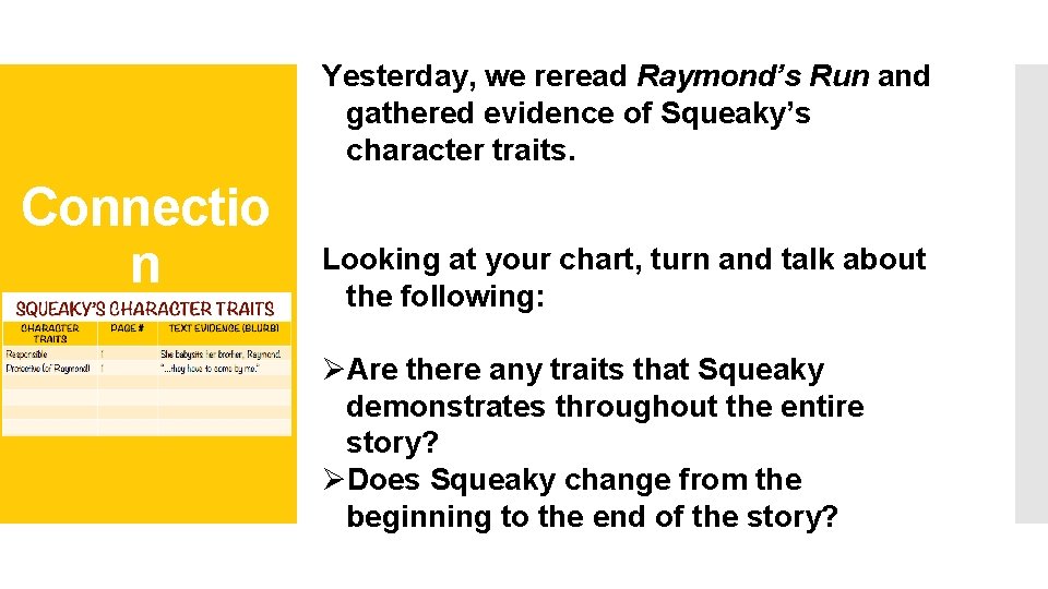 Connection Yesterday, we reread Raymond’s Run and gathered evidence of Squeaky’s character traits. Connectio