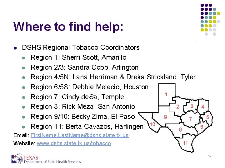 Where to find help: l DSHS Regional Tobacco Coordinators l Region 1: Sherri Scott,