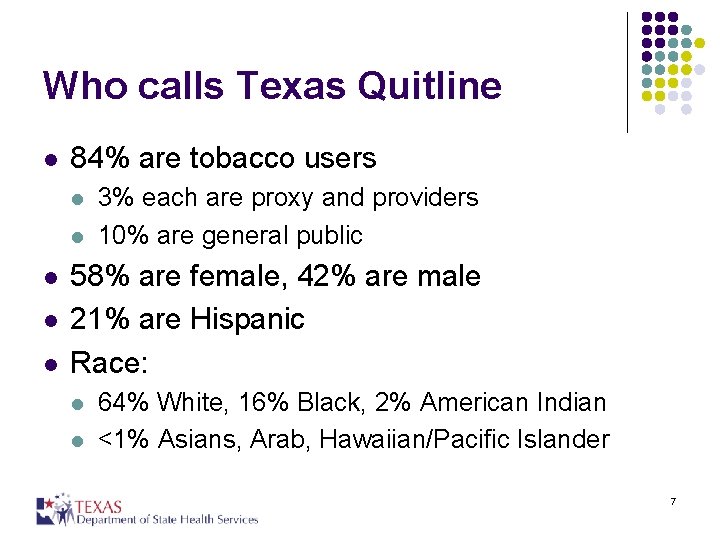 Who calls Texas Quitline l 84% are tobacco users l l l 3% each