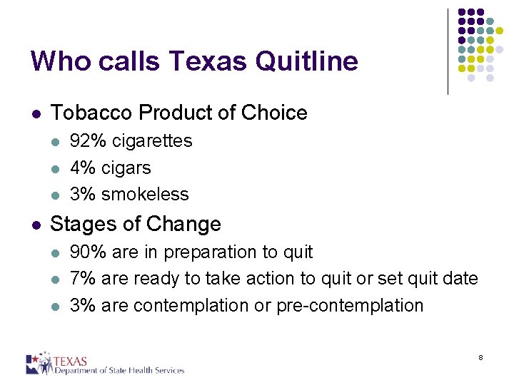 Who calls Texas Quitline l Tobacco Product of Choice l l 92% cigarettes 4%