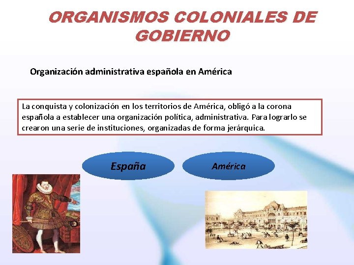 ORGANISMOS COLONIALES DE GOBIERNO Organización administrativa española en América La conquista y colonización en