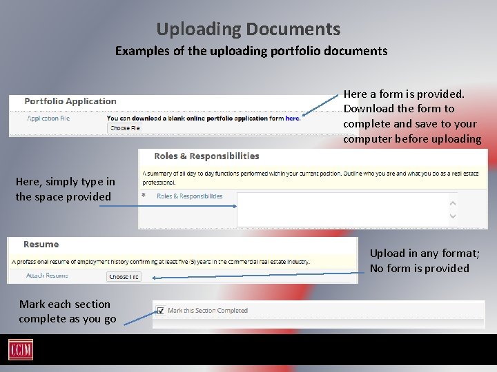 Uploading Documents Examples of the uploading portfolio documents Here a form is provided. Download