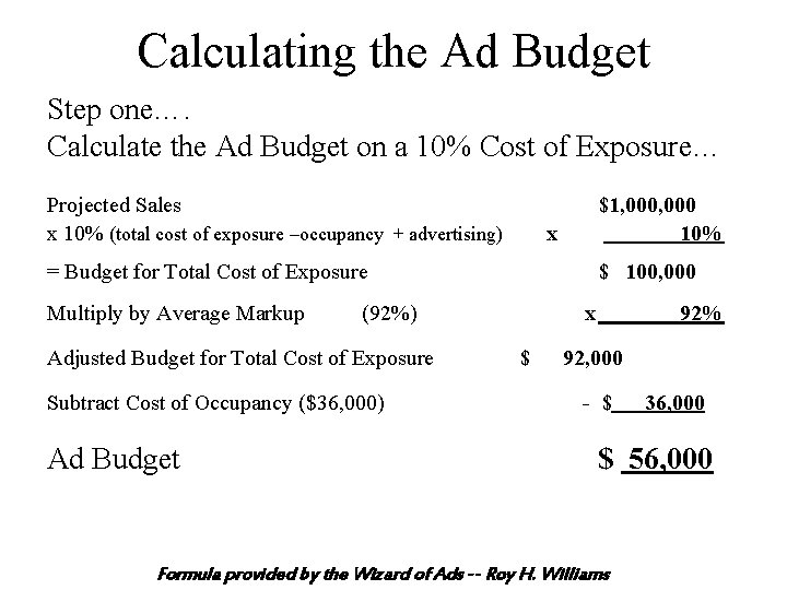 Calculating the Ad Budget Step one…. Calculate the Ad Budget on a 10% Cost