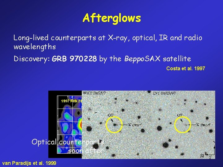 Afterglows Long-lived counterparts at X-ray, optical, IR and radio wavelengths Discovery: GRB 970228 by