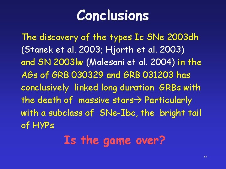 Conclusions The discovery of the types Ic SNe 2003 dh (Stanek et al. 2003;