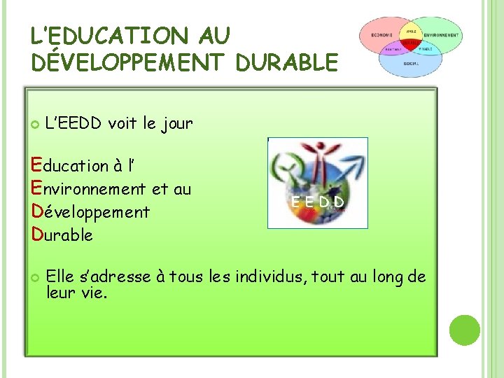 L’EDUCATION AU DÉVELOPPEMENT DURABLE L’EEDD voit le jour Education à l’ Environnement et au