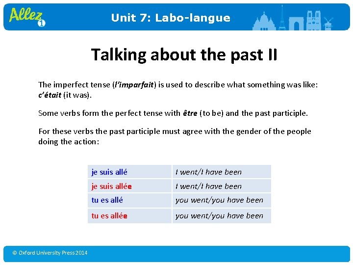 Unit 7: Labo-langue Talking about the past II The imperfect tense (l’imparfait) is used