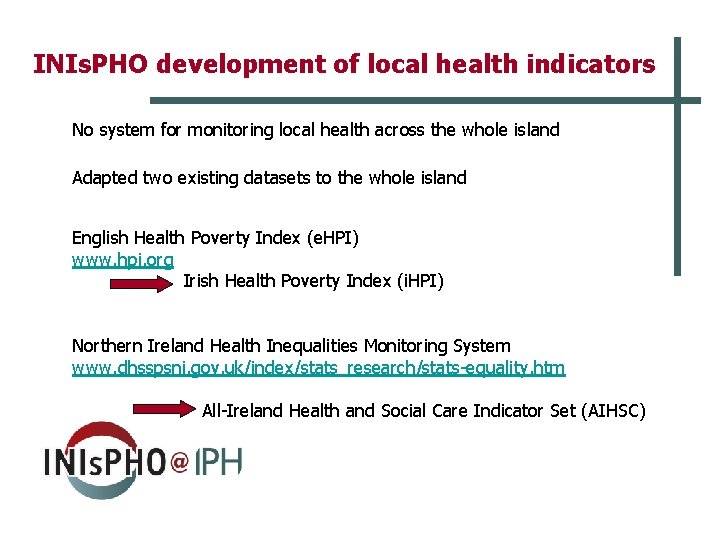 INIs. PHO development of local health indicators No system for monitoring local health across