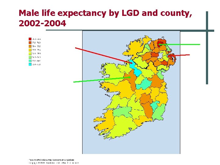 Male life expectancy by LGD and county, 2002 -2004 