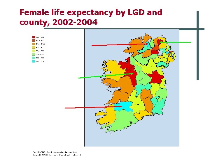 Female life expectancy by LGD and county, 2002 -2004 