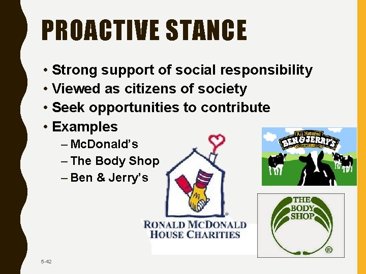 PROACTIVE STANCE • Strong support of social responsibility • Viewed as citizens of society