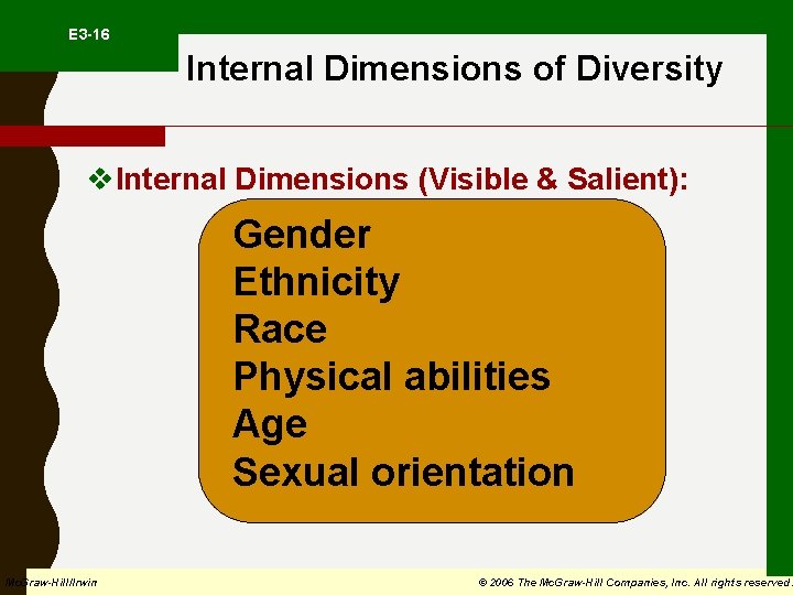  E 3 -16 Internal Dimensions of Diversity v. Internal Dimensions (Visible & Salient):