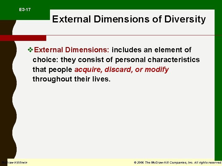  E 3 -17 External Dimensions of Diversity v. External Dimensions: includes an element