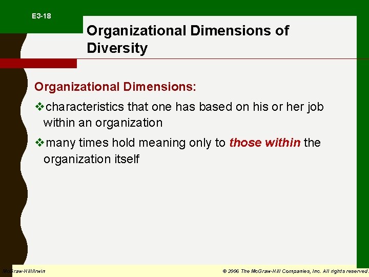  E 3 -18 Organizational Dimensions of Diversity Organizational Dimensions: vcharacteristics that one has