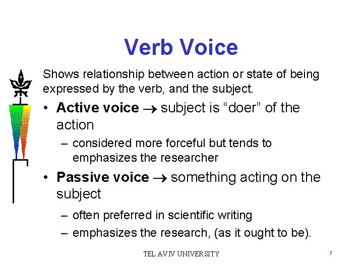 Verb Voice Shows relationship between action or state of being expressed by the verb,